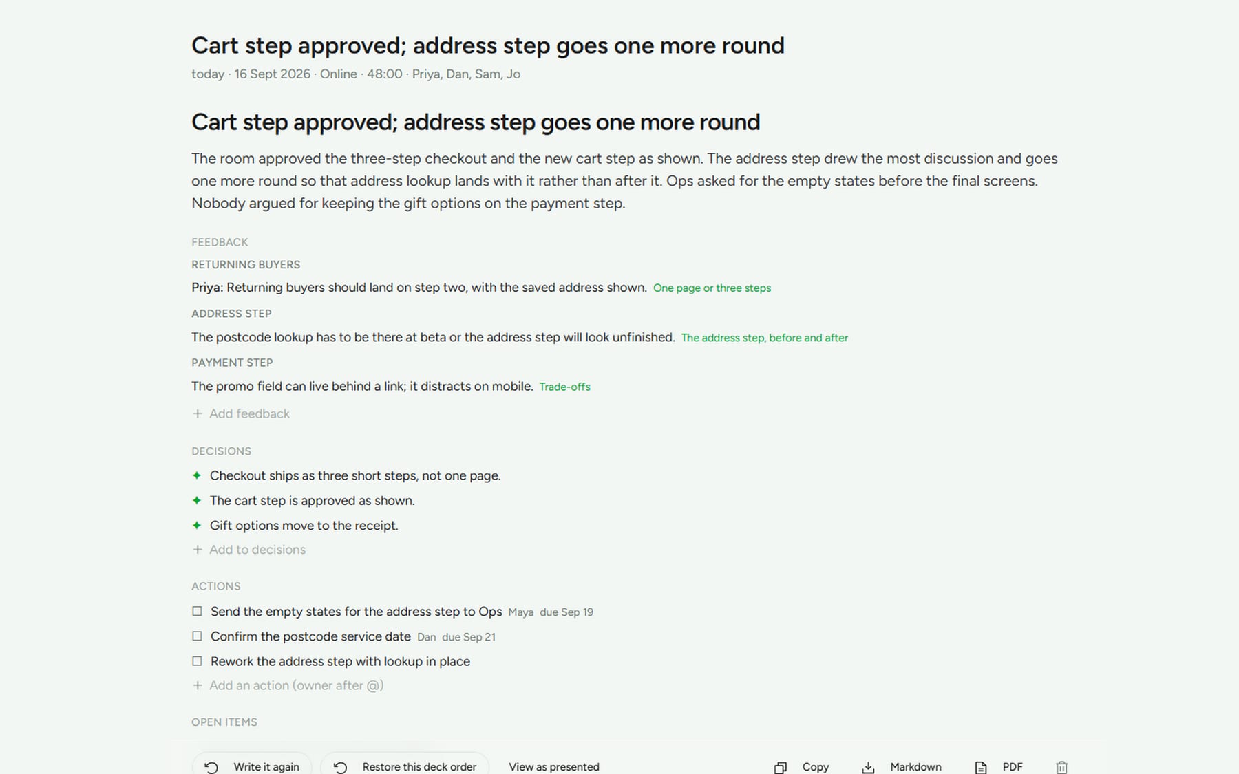 A session's Summary as a page: the headline, the paragraph for the people who were not there, and feedback by theme with the slide each line points at