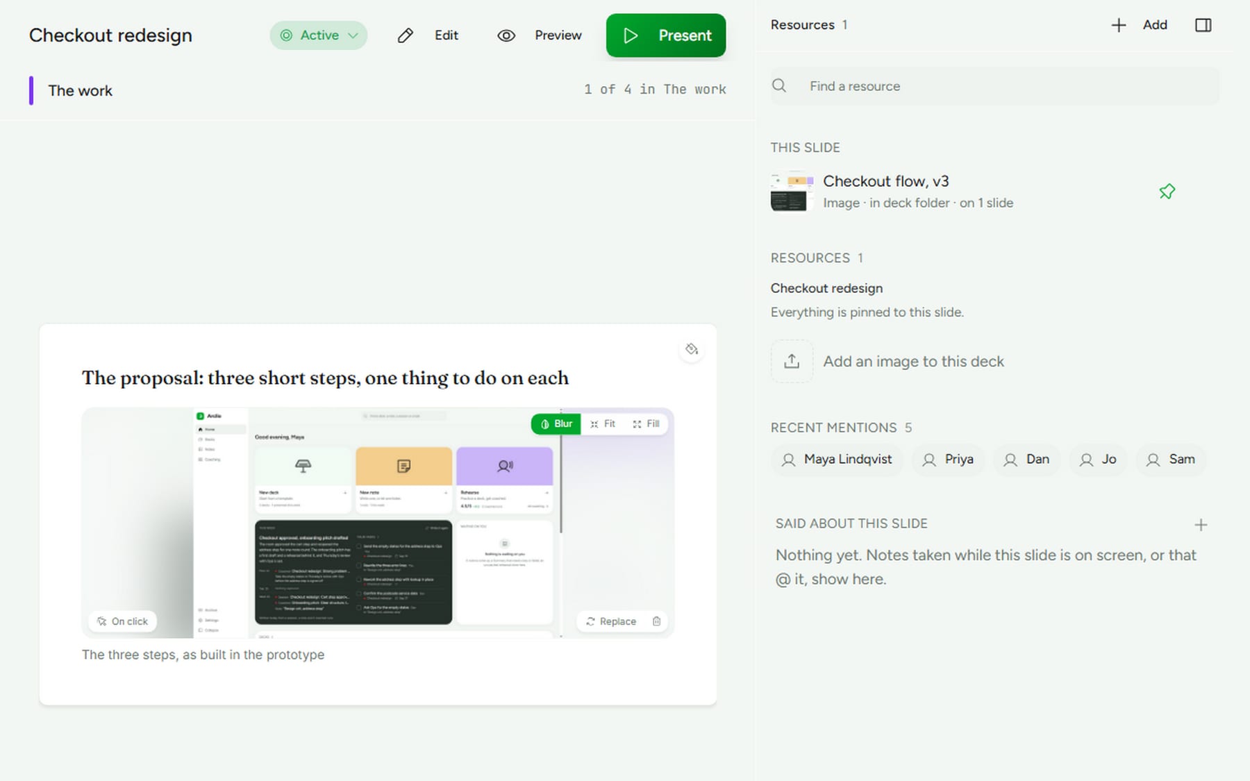 The Arclio builder: a slide with a pinned picture being edited, and the deck's resources and the people mentioned in the rail beside it