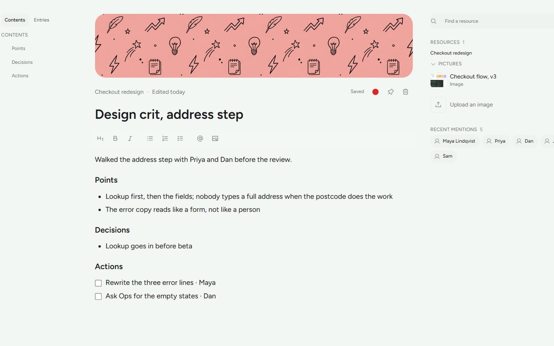 A doc's page: the write-up with its points, decisions and a checklist of actions, and the people mentioned beside it