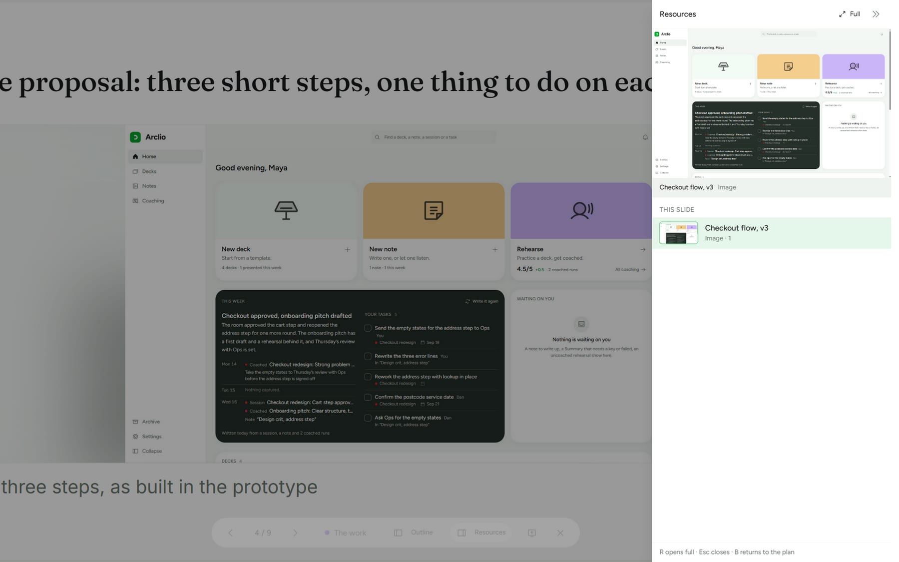 Present mode with the Panel peeked over the right edge of the slide: the pinned picture first, then the deck's resources, one click away